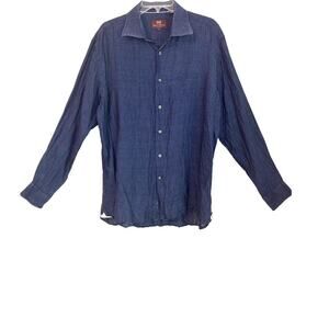 Hickey Freeman Men's Long Sleeve Dark Blue 100% Linen Button Up Shirt Size Large